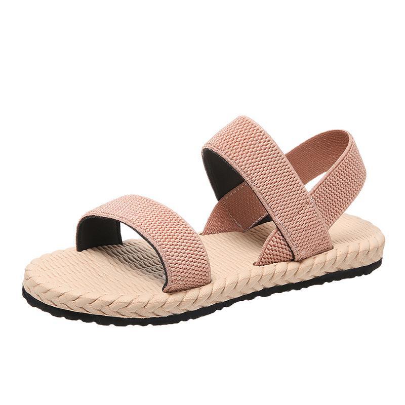 Women's Elastic Band Flat Shoes - 2023 Summer Outdoor Roman Sandals, Imitation Straw Linen Design