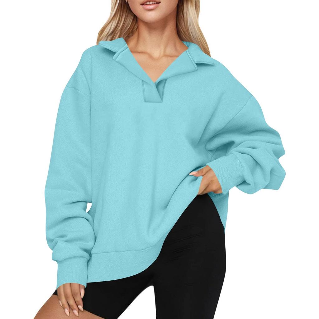 Women's Fashion Long Sleeve Solid Color V-Neck Loose Sweatshirt Top