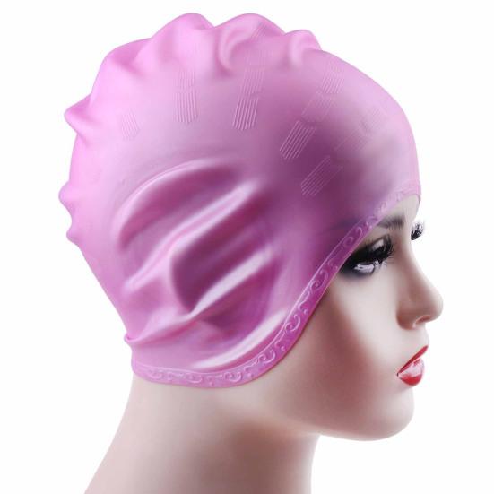 Cuffia da nuoto grande in silicone con protezione per le orecchie 3D, cuffia da bagno antiscivolo e impermeabile per donne e uomini, capelli lunghi/corti
