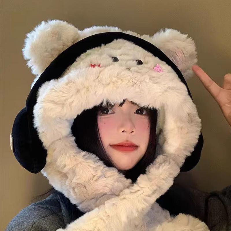 New Style Earphones Puppy Hat  Scarf  One Piece Cold Proof and Warm Hooded Neck Scarf  Thickened Ear Protection  Lei Feng Hat Trendy