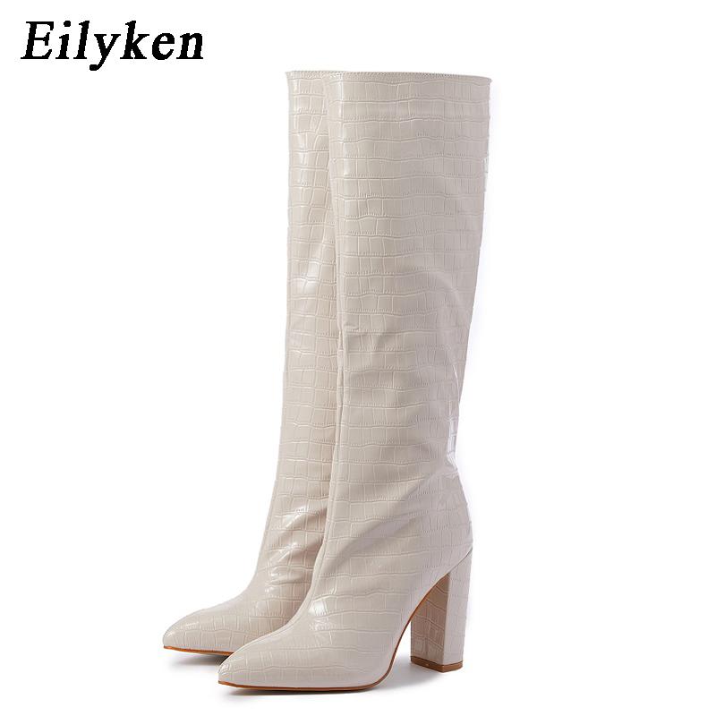 Fashion Eilyken New Fashion Solid Color Snake Pattern Women Knee-High Boots Pointed Toe Winter Ladies Long Booties Handmade Shoes