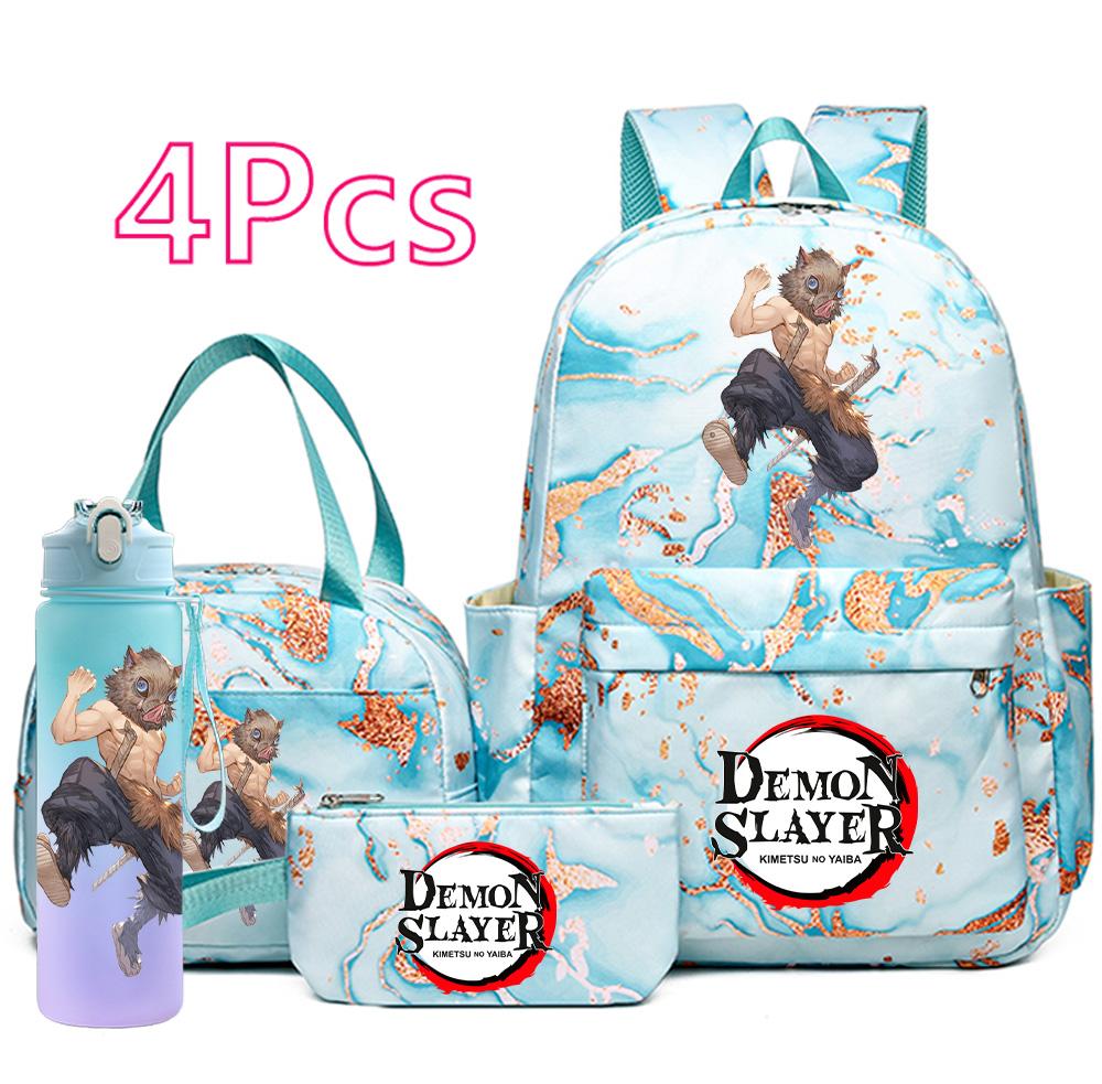 4-teiliges Set mit aufgedrucktem Demon Slayer-Cartoon-Rucksack, Handtasche, Federmäppchen und 750-ml-Trinkflasche für Teenager (Jungen und Mädchen) – große Kapazität, wasserdichter Schulrucksack