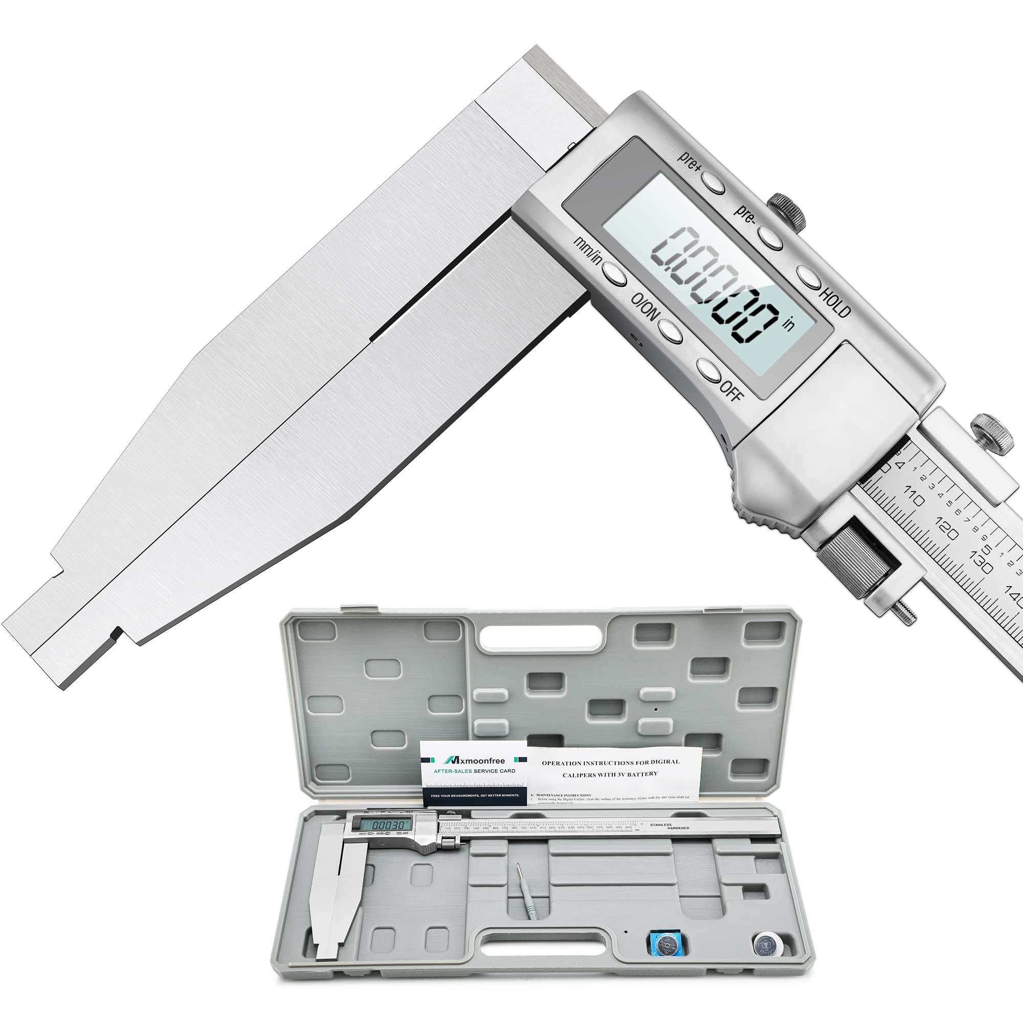 

Mxmoonfree 300mm Digital Vernier Caliper with 150mm Long Jaw High Accuracy LCD Measures Outer Inner and Stainless Switchable Between Millimeters and