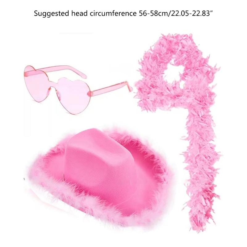 Pink Cowboy Hats with Heart Shaped Glasses Long Feather Boas Western Cowgirl Hat Halloween Costume Accessories for Women