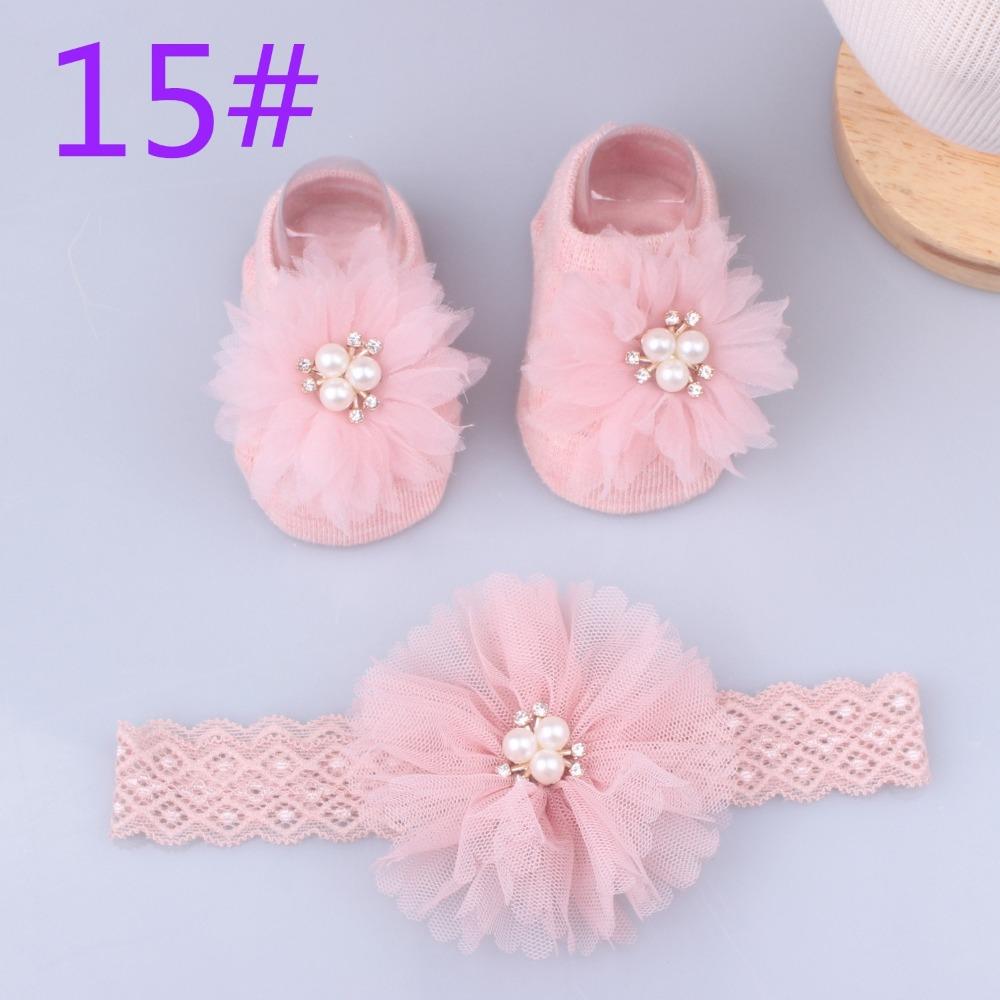 Baumwolle+Spitze Neugeborenen Haarband Perlen Schleifen Mädchen Haar Accessoires Kawaii Baby Stirnband Socken Set