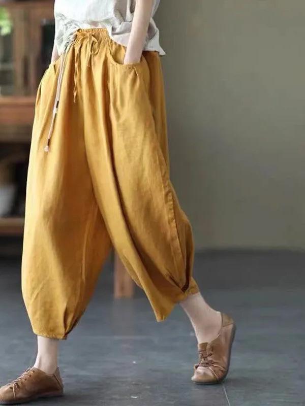 Women's Dopamine Retro Zen Style Elastic Waist Cotton Linen Cropped Harem Pants for Spring Summer