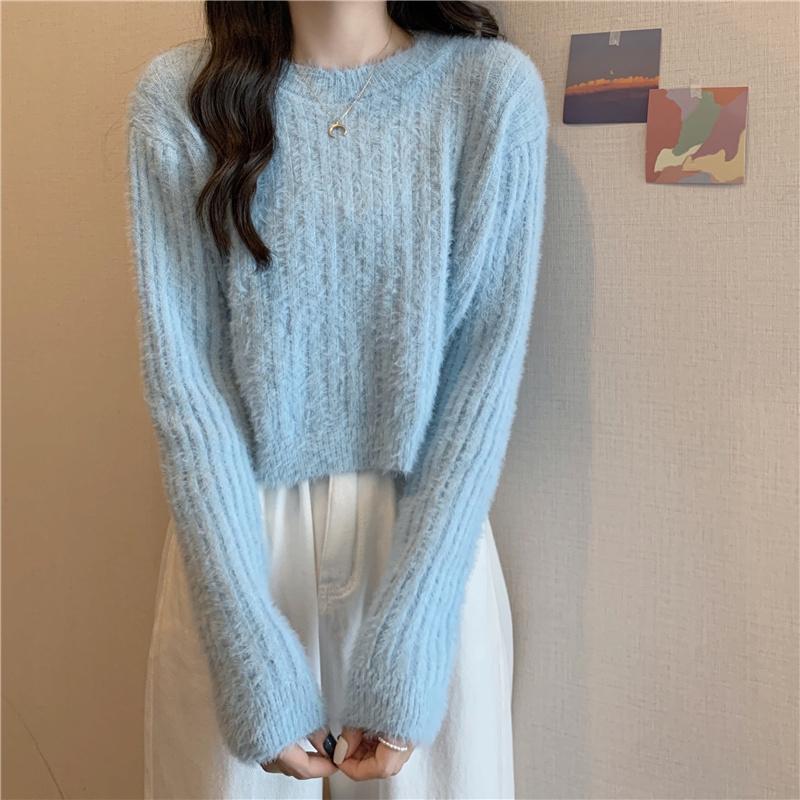 Y2K Cropped Sweater Pink Furry Solid Korean Fashion Pullover Knitted Sweaters Autumn Winter Long Sleeve Harajuku Jumper Sweater