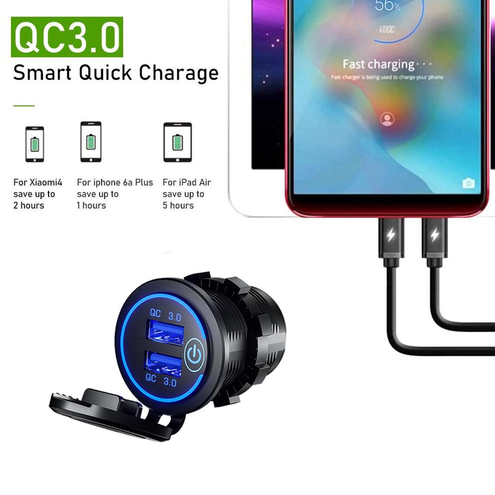 Quick Charge 3.0 Dual Usb Fast Car Charger Waterproof 12v/24v Qc3.0 Power Outlet With Touch Switch&led Light