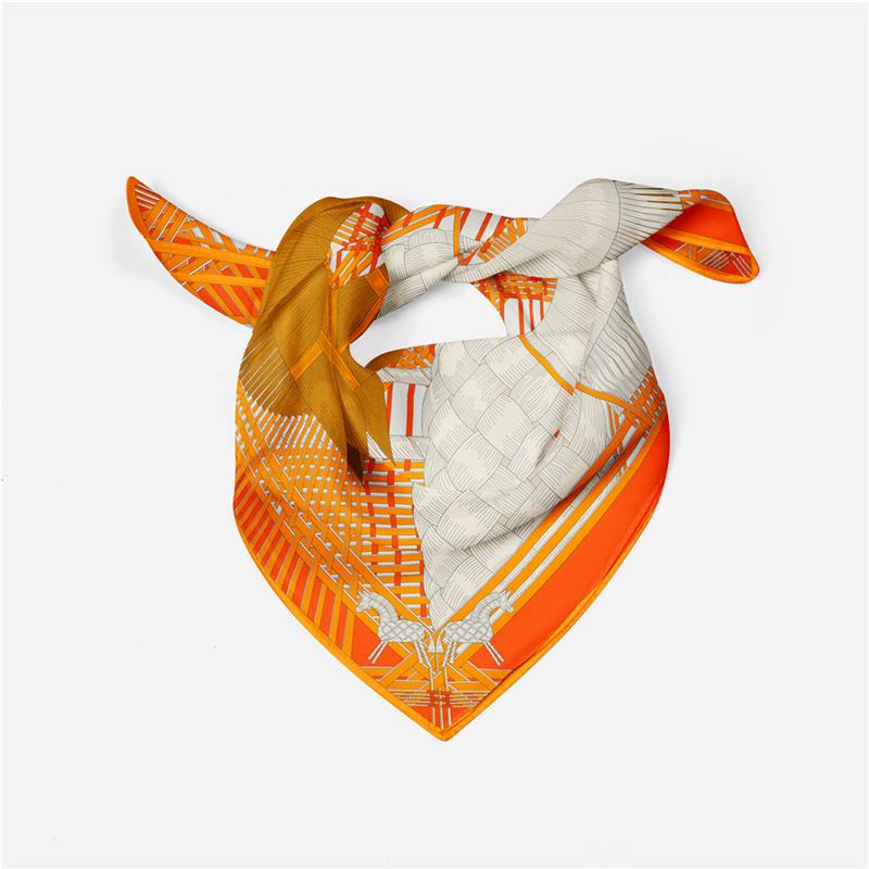 Twill Silk Scarf Woman Double Horse Print Square Scarves Wraps Bandana Small Hijab Foulards Lady Tie Headband Neckerchief 53CM