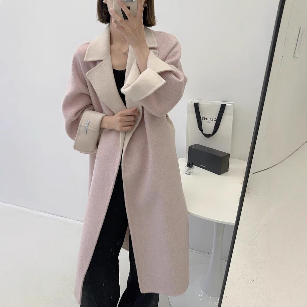 Pink Large Lapel Collar Double-sided Wool Coat Autumn and Winter Women's Medium and Long Woolen Coat Simple and Loose Temperament