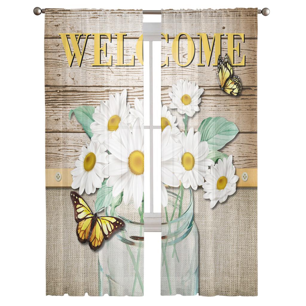 Wood Grain Daisy Butterfly Curtain For Living Room Transparent Tulle Curtains Window Sheer For The Bedroom Accessories Decor