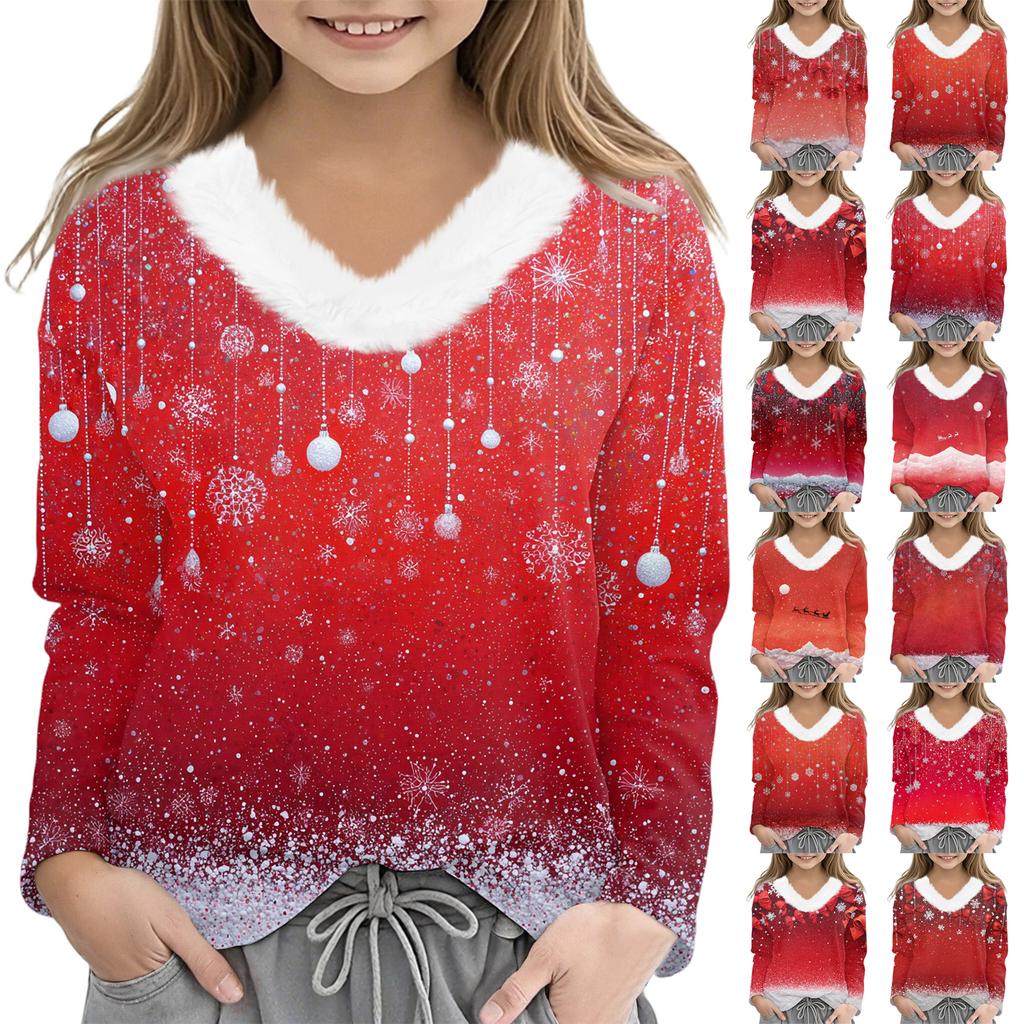 Christmas Day Girls Long Sleeve T Shirts Kids  Girls' V-Neck Tee Christmas Print Long Sleeve Top
