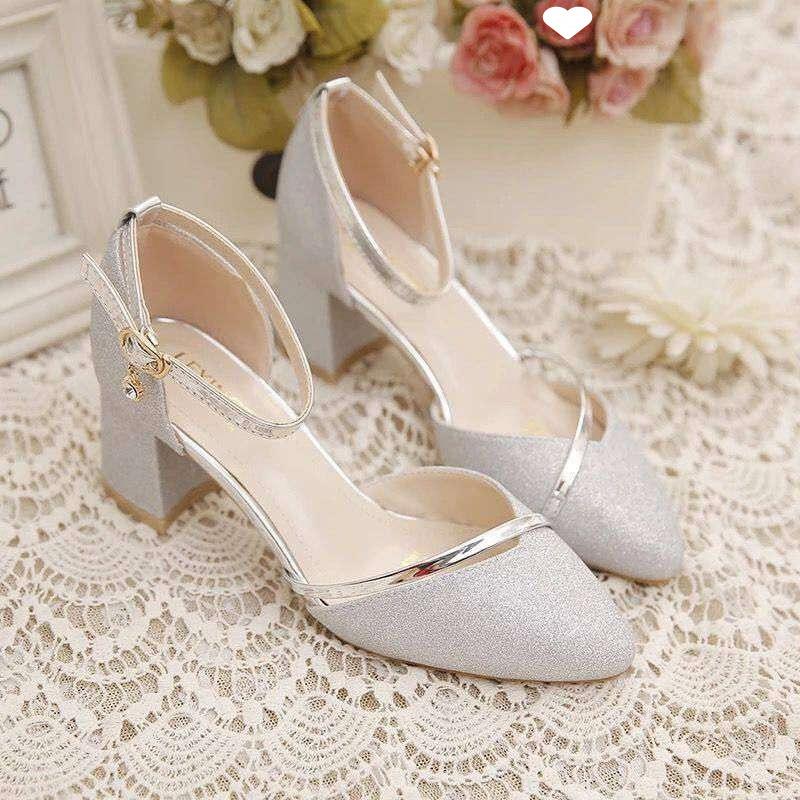 One-word Buckle High Heels Thick Heel Single Shoes Women's 2025 Spring and Autumn New Sequined Wedding Shoes Women's Versatile Single Shoes Bridesmaid