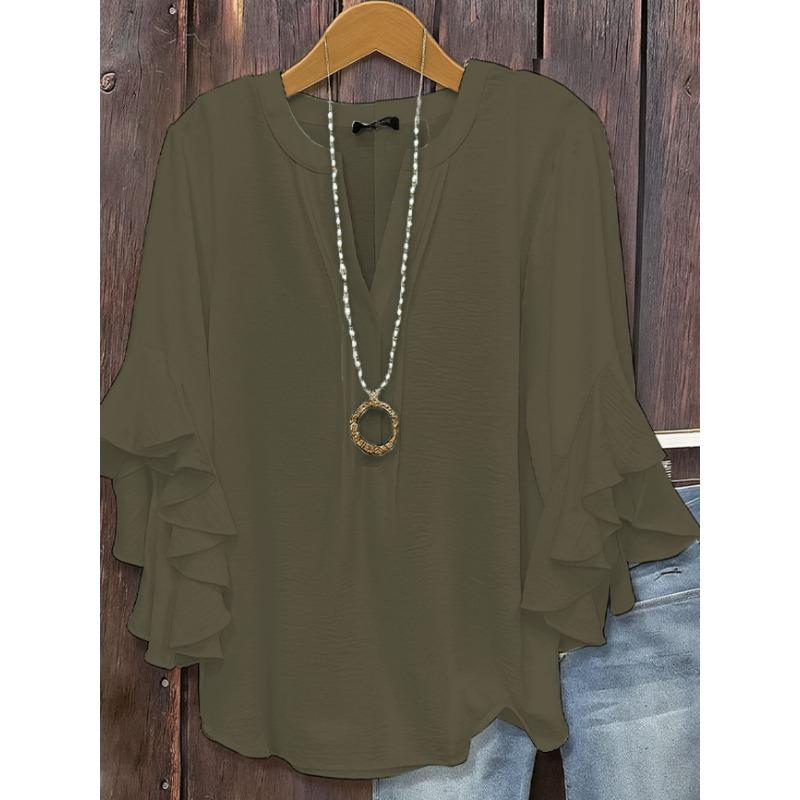 

YYFS Женская мода Повседневная Летняя Весна Однотонный Принт Рукава 3/4 V-образный Вырез Блузки и Рубашки XXL армия зеленый