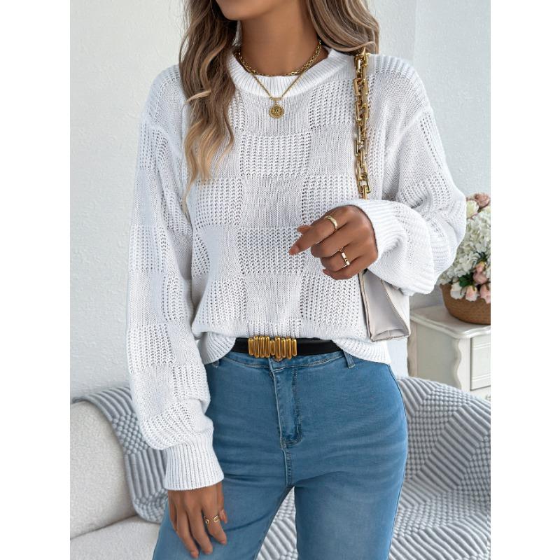 European American Style Solid Plaid Long Sleeve Pullover Sweater Women