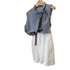 French bow lace-up sleeveless plaid shirt women's new summer tea style chic blouse top