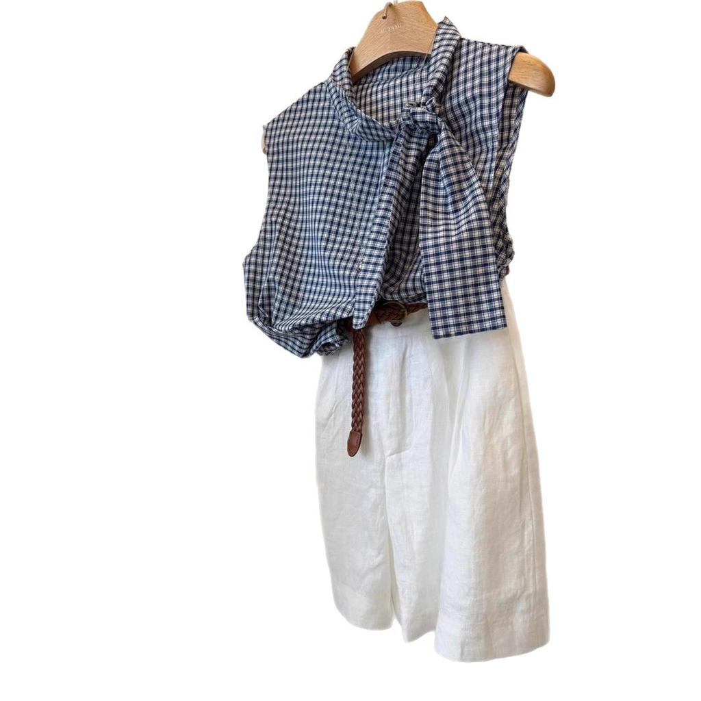 French bow lace-up sleeveless plaid shirt women's new summer tea style chic blouse top