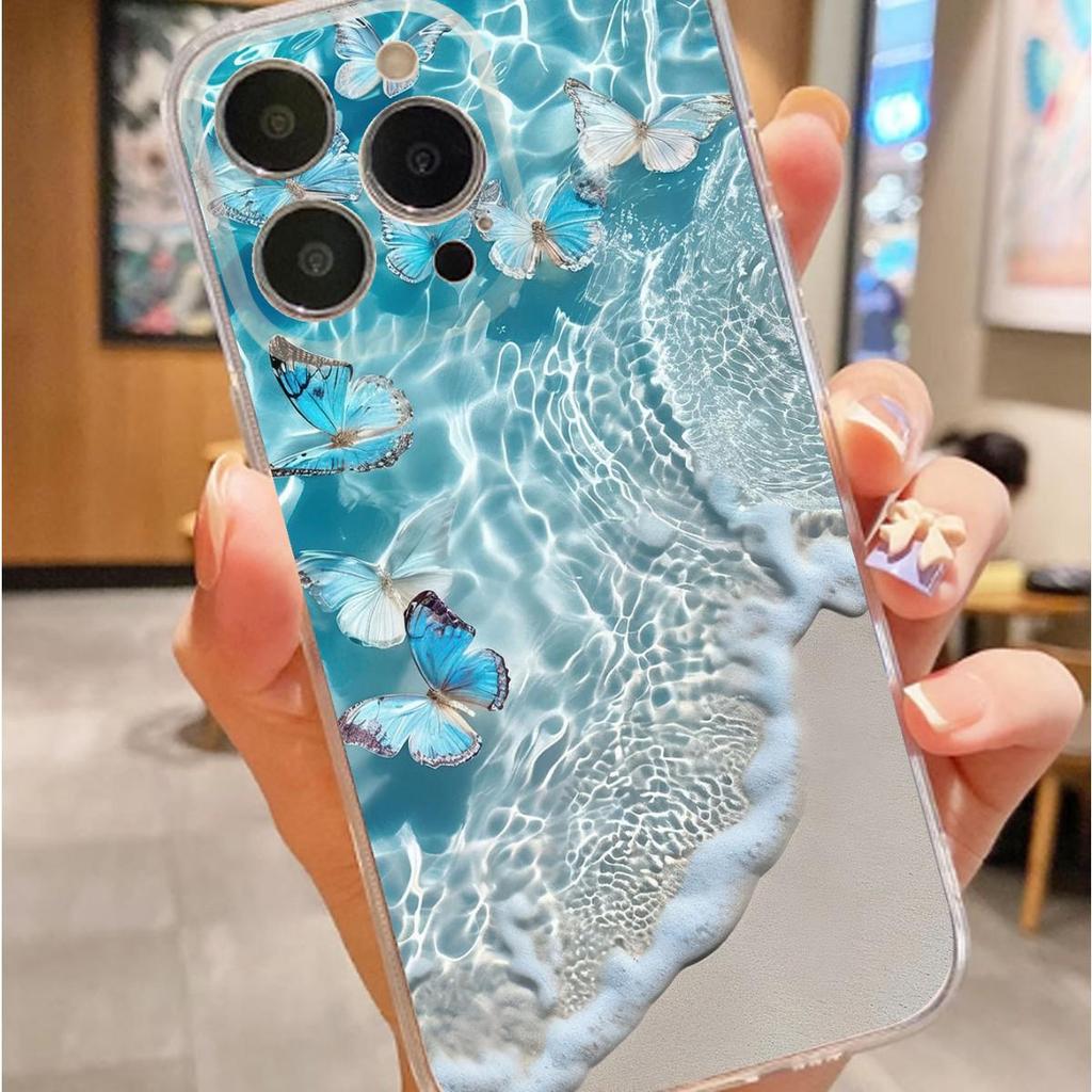 Seaside Blue Butterfly Transparent Anti-Drop Case for iPhone 14/15/16/17 Pro Max Series