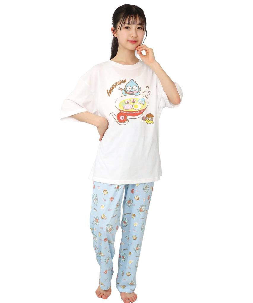 SAZAC Hangyodon Cotton Pajama Short Long and Top X Women's Set, Sleeves, Pants, T-Shirt, (White Sax/L/SAN1808)