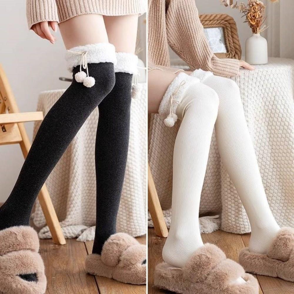 1 Pair Lamb Fur Knee High Socks Vertical Stripe Over Knee Socks Cute Thigh High Socks Autumn Winter