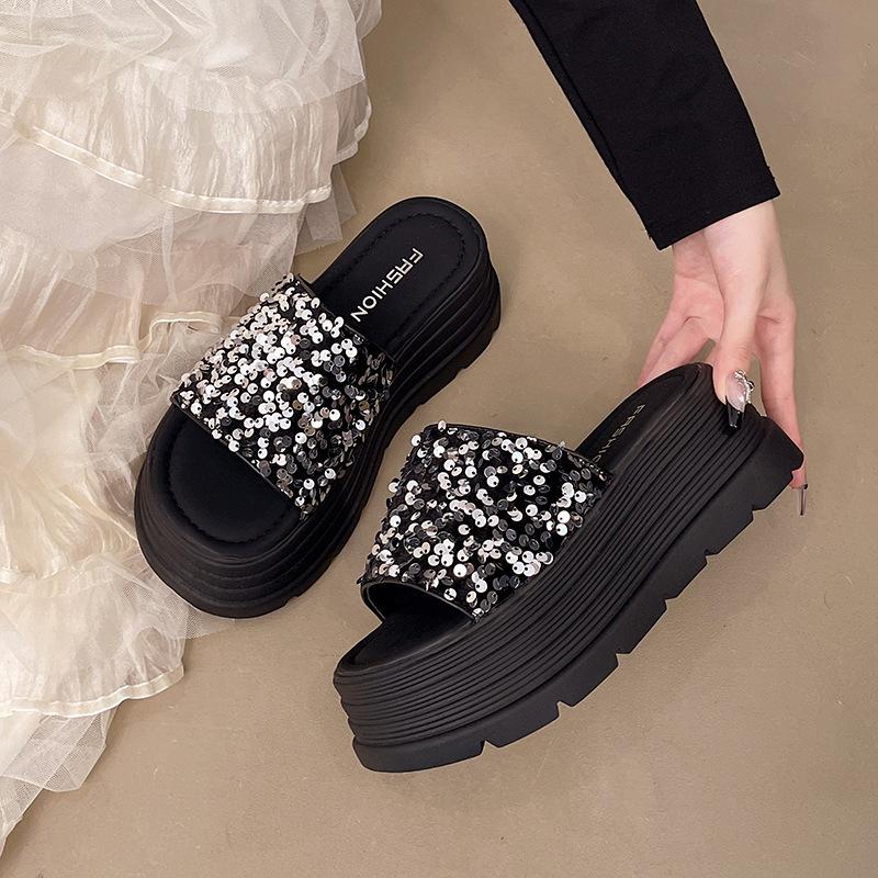 Thick-bottomed Height-increasing Slippers for Women's Summer Wear 2025 New Versatile Sequined One-word Drag Korean Version of Fairy Sandals Tide