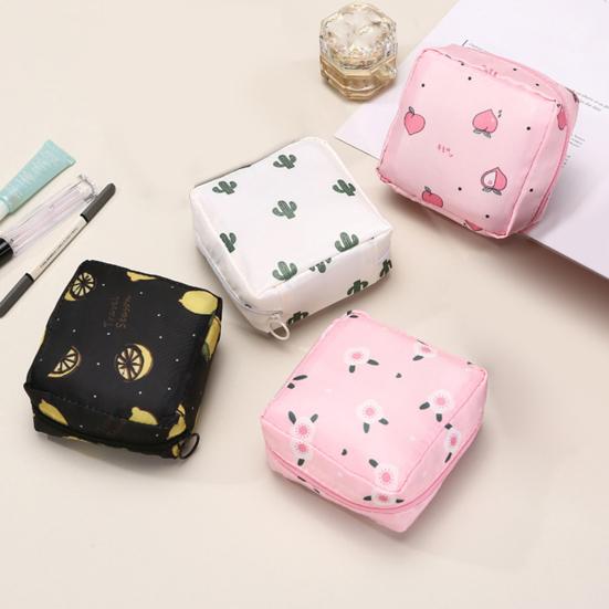 Sanitary Towel Bag Cartoon Print Portable Zipper Closure Hanging Hoop Girls Diaper Sanitary Napkin Storage Pouch Coin Purse Jewelry Organizer