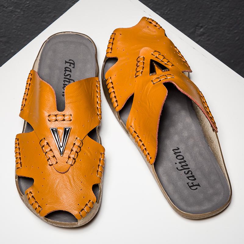 

Летние мужские шлепанцы тапочки кожаные легкие удобные пляжные туфли на плоской подошве домашние тапочки уличные мужские шлепанцы Chanclas Hombre 48 жёлтый