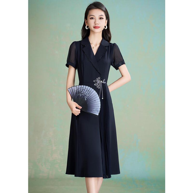 New Chinese Style Frog Button Pleated Midi Dress L