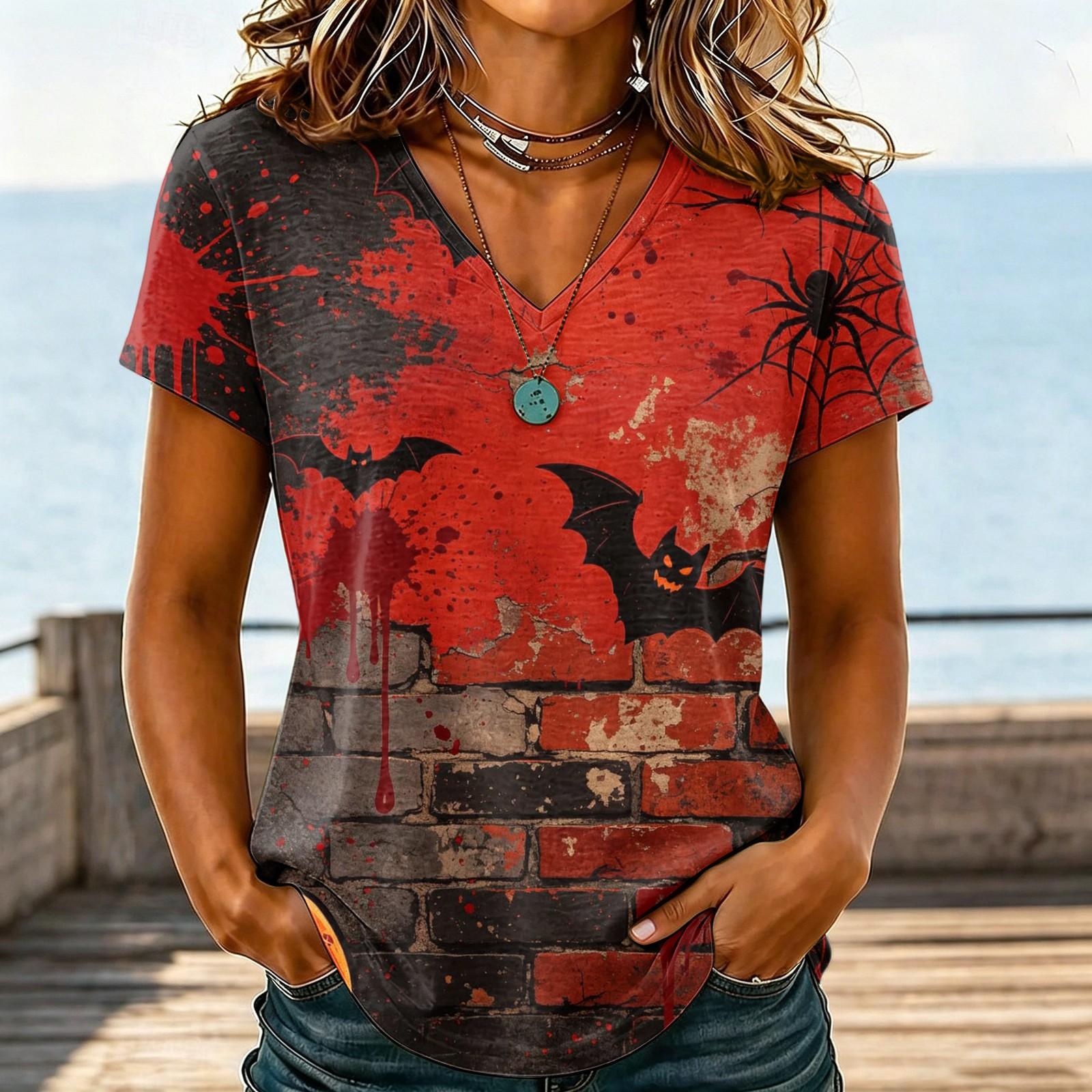 Women s fashion casual V-neck short-sleeved Halloween printed T-shirt top XXL