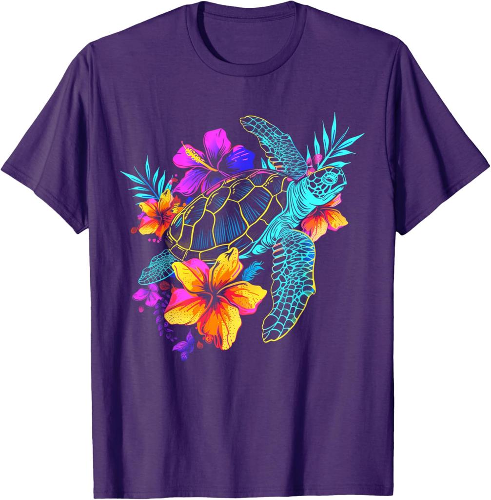 Sea Turtle Hawaiian Flowers Graphic T-Shirt Breathable Cotton Casual Trip Tee for Men