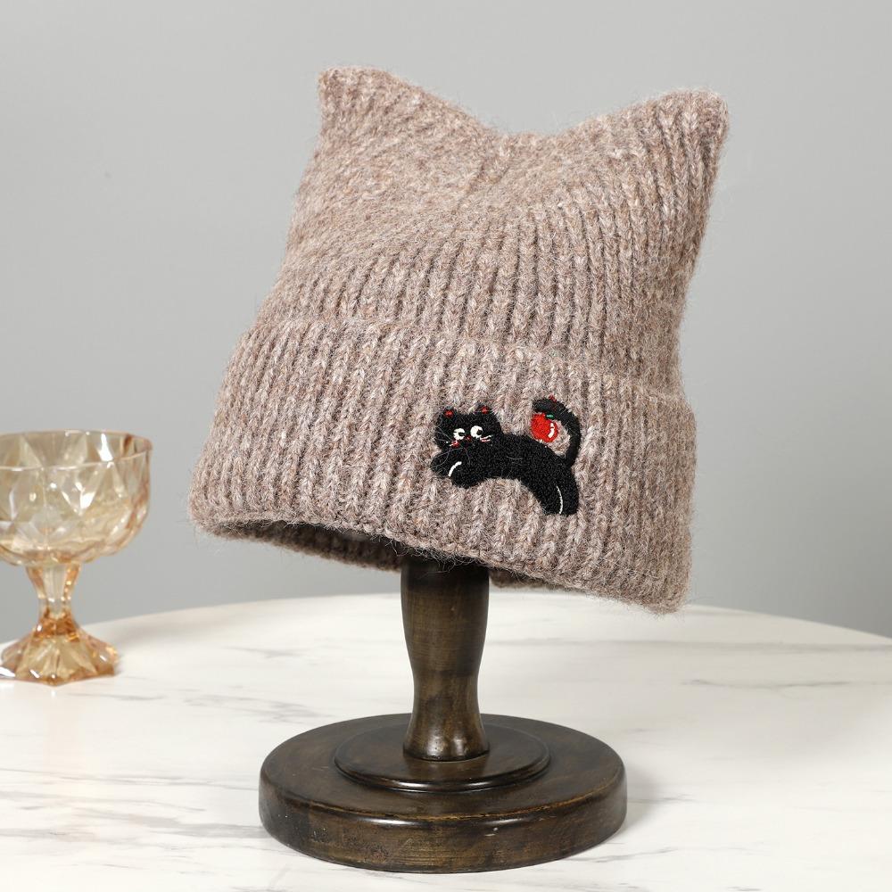 Embroidered Cat Cat's Ears Knitted Hat Soft Woolen Hat Sweet Warm Cap  Outdoor