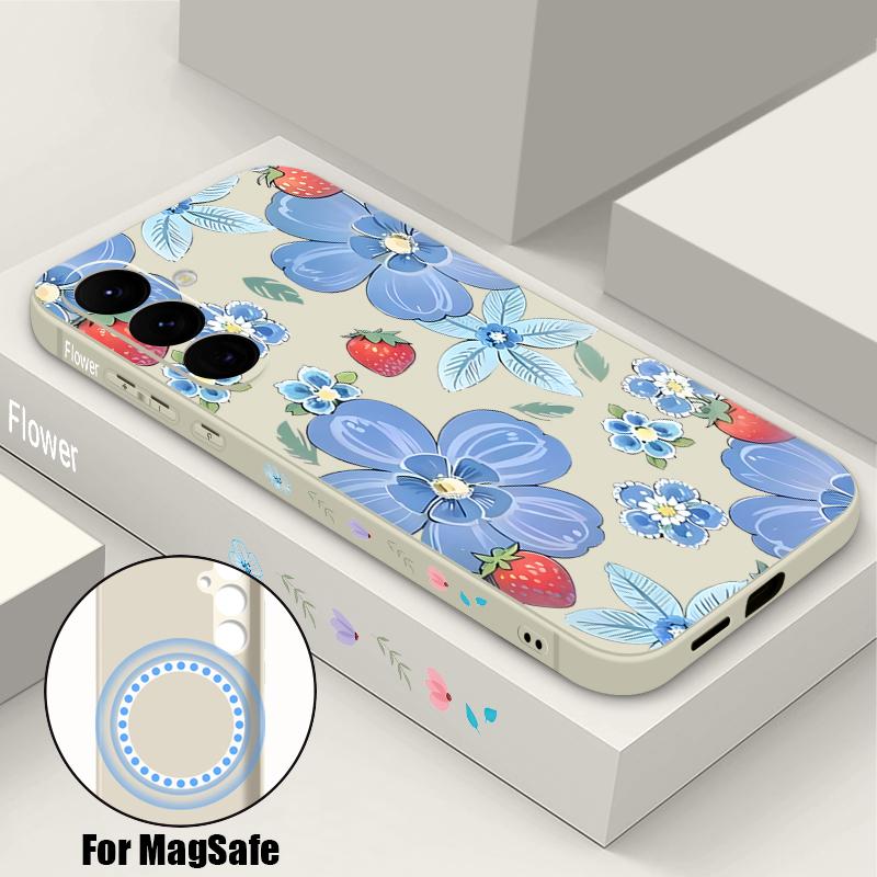 

Blue Flowers Print Case For Samsung Galaxy S26 S25 Ultra S24 S23 FE S22 Plus S21 Built-in Metal Plate Magnetic Silicone Cover Samsung S23 FE белый