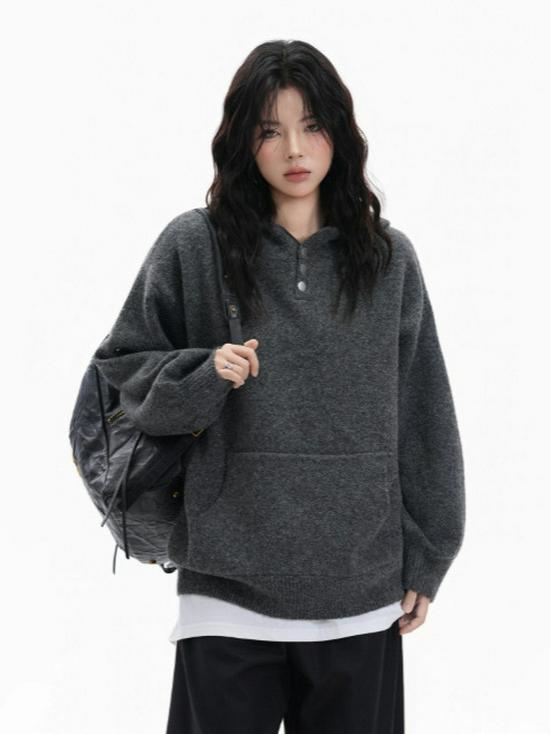 Unisex Hooded Knit Cardigan Jacket - Half-Button, Thick, Loose, Trendy Sweater for Autumn/Winter