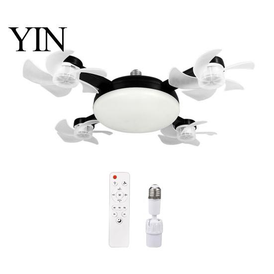 E27 Socket Fan 3/4/5 Blade Ceiling with Light & Remote Control, 2-in-1 Silent LED Drone Compact Ventilation Lamp Foldable Blades, 3-Speed Dimmable for