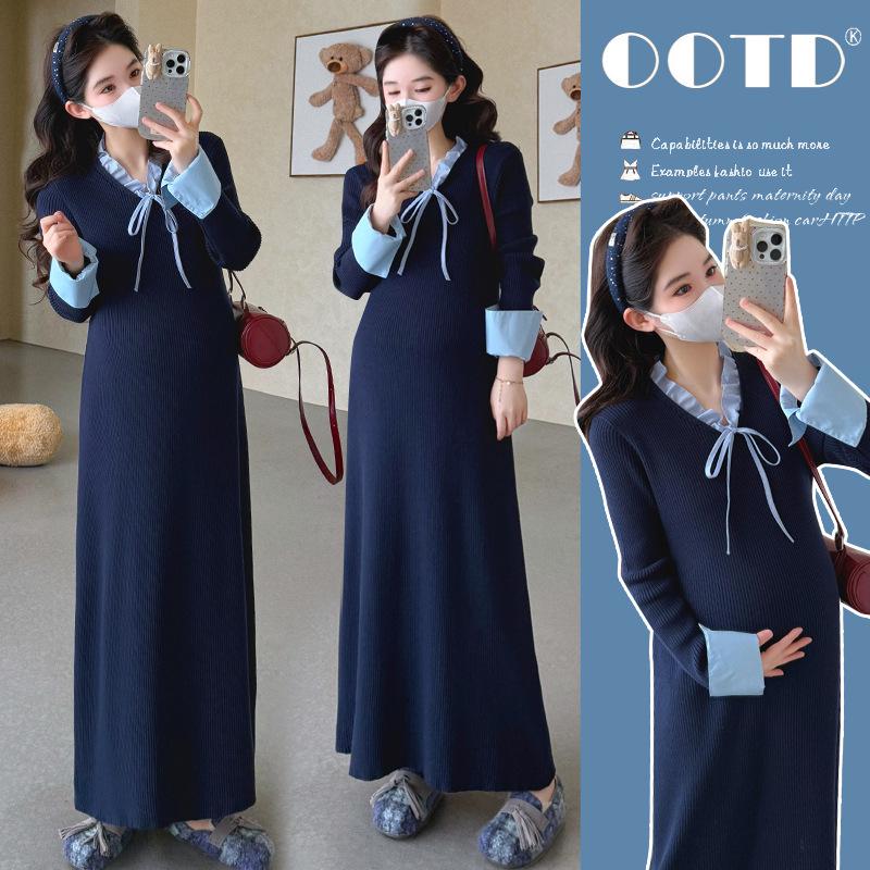 2026 Spring Fashionable Ruffle Collar Maternity Dress - Slimming Korean Style 2XL