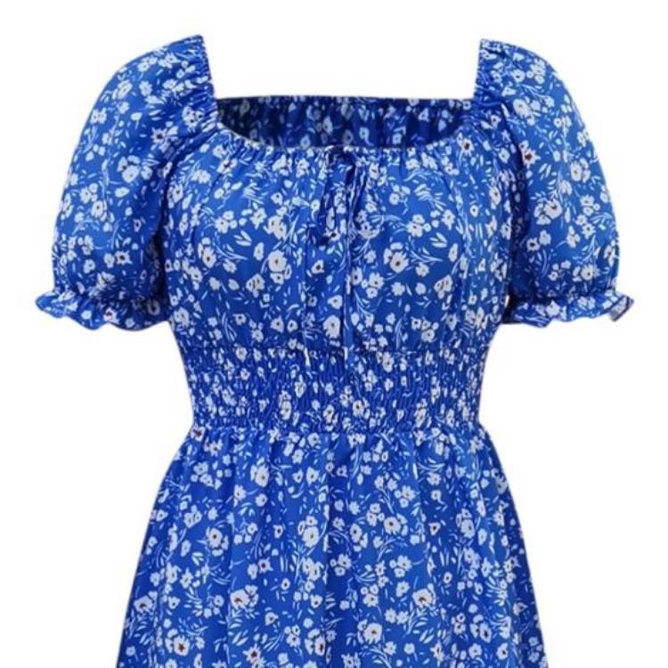 Square Neck Boho Floral Summer Dress Women Short Sleeve Smocked Swing A Line Flowy Ruffle Beach Sundress