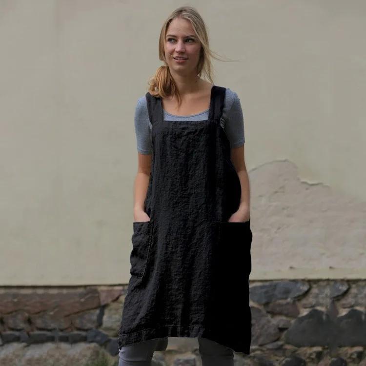 AA Japan Style Cotton Linen Aprons Solid Color Cross Bandage X Shape Back Kitchen Cooking Clothes