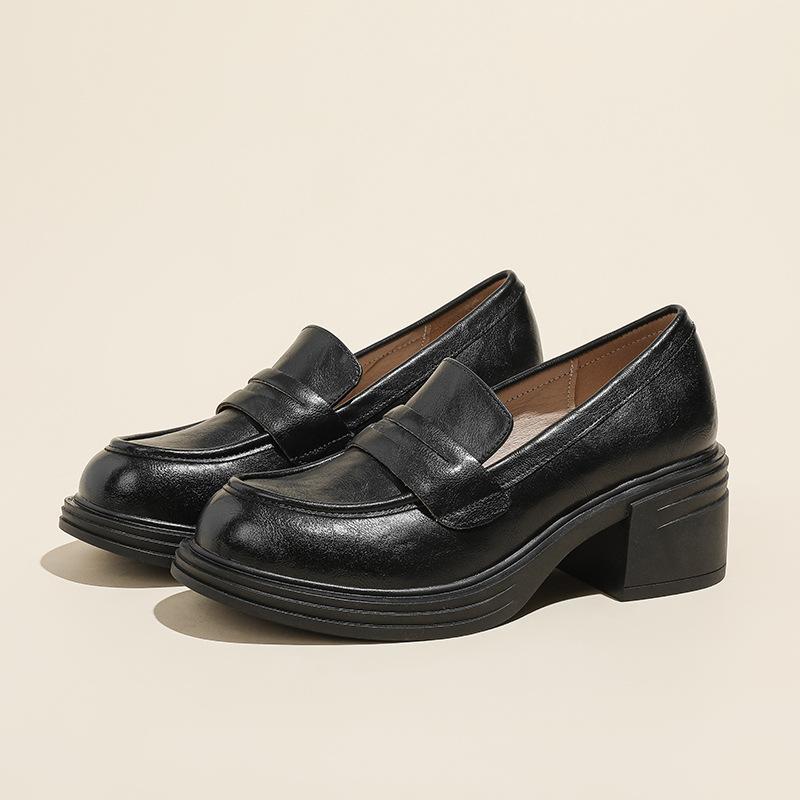 Classic retro British style loafers women's small height-increasing single shoes thick heel one pedal simple black small leather shoes