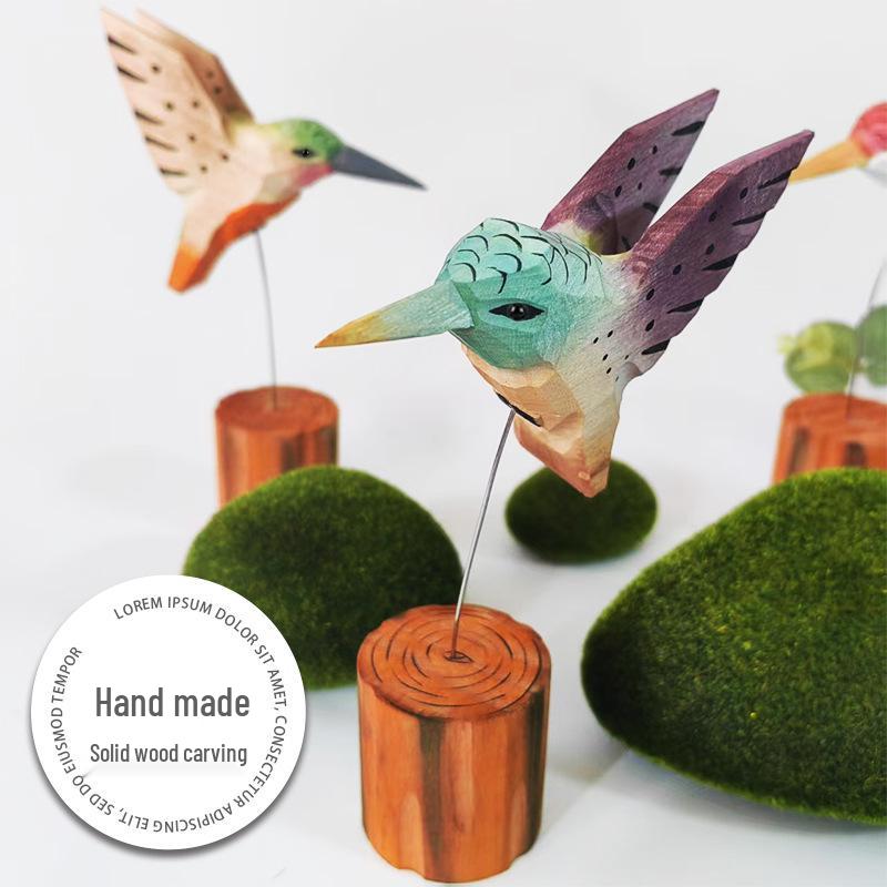 European Style Solid Wood Tabletop Ornament - Hummingbird Handmade Wood Carving Decor