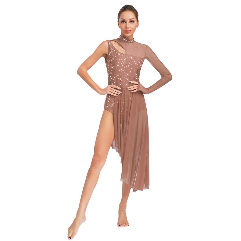 Womens Asymmetrical Lyrical Dance Dress Mock Neck Cutout Sheer Mesh Shiny Rhinestones Performance Costume