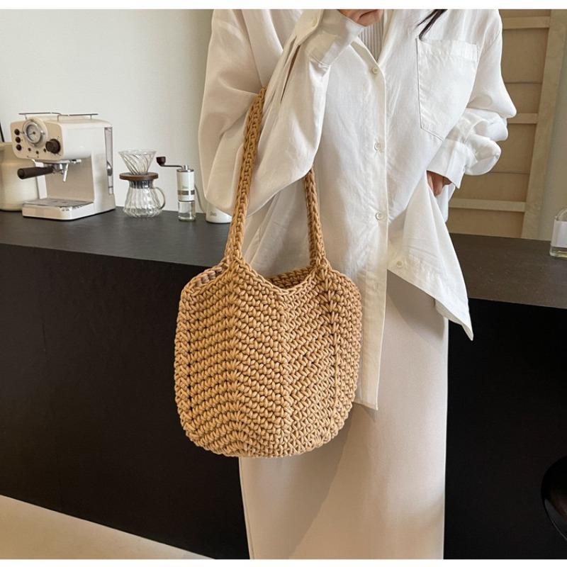 New shoulder cotton thread straw bag hand-woven bag women's large capacity bucket bag versatile seaside resort sand