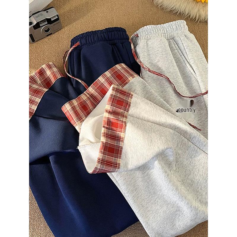 

Унисекс спортивные штаны широкого кроя в стиле ретро пэчворк в клетку вересково-серого цвета с подвернутым краем для весны и осени 3XL светло-серый