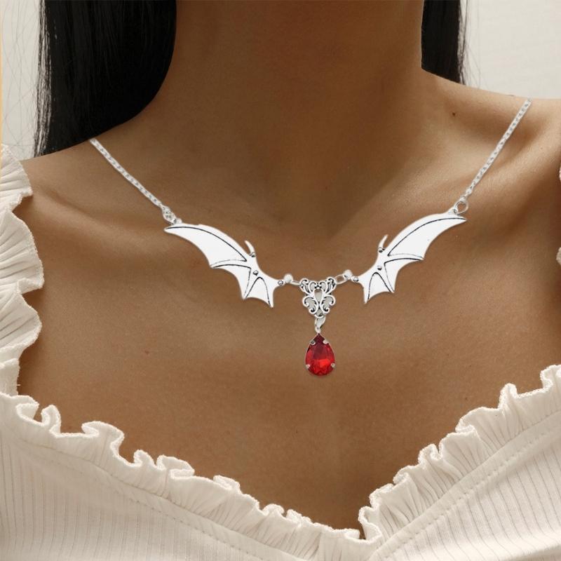 Gothic Vampire Bat Clavicle Chain Sweater Necklace Halloween Witch Bat Waterdrop Pendant Necklace Gift for Bat Lover