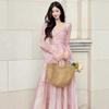 Peach Pollen Tea Break Dress Lace Dress French Floral Vacation Pink Long Dress Tulle Slim Fit Vacation Style
