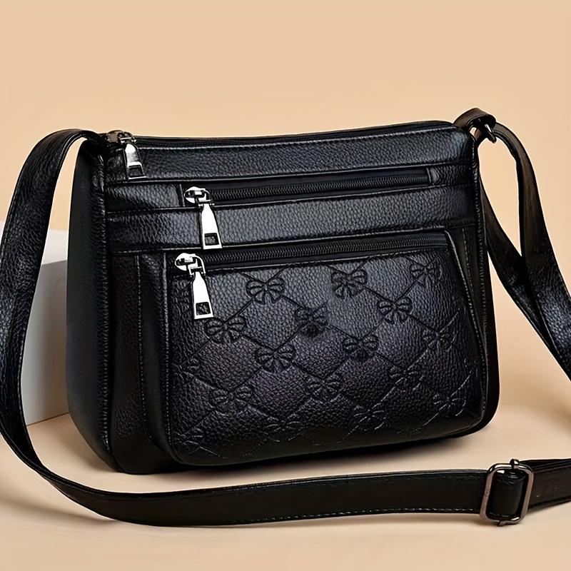 Black Crossbody Bag with Adjustable Strap and Zipper Closure, Casual Solid Color Messenger Bag with Tassel Detail and Polyester Lining