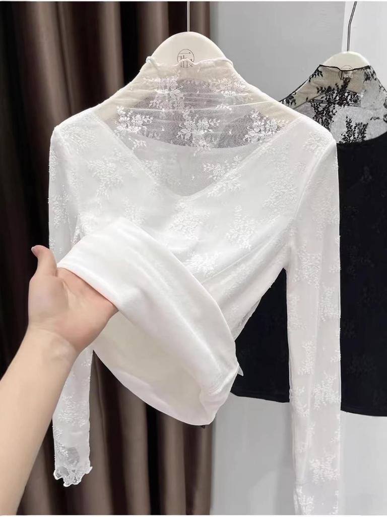Ruffled Semi-High Neck Lace Base Layer - Fleece-Lined, Thickened, Warm Top for Autumn/Winter