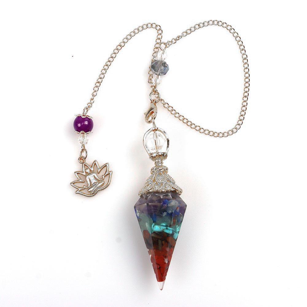 Antique Silver Seven Chakra Crystal Resin Pendulum with Semi-Precious Chips Pendant