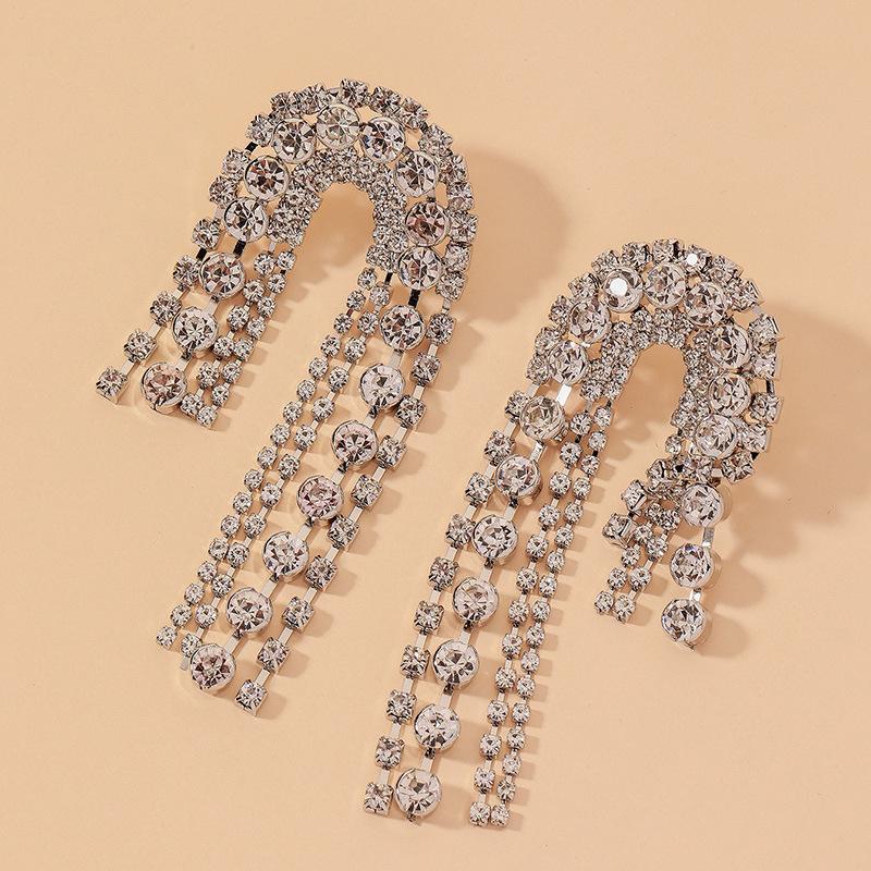 Серебряные серьги, усыпанные бриллиантами, асимметричные серьги U-образной формы, преувеличенные серьги в стиле легкой роскоши