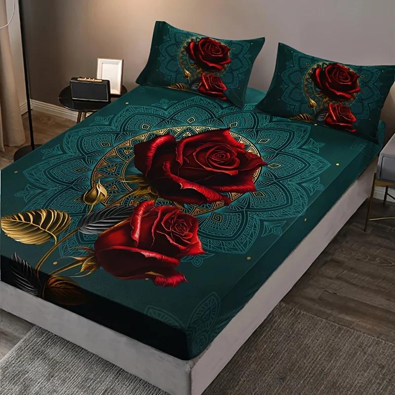 3D Gothic Rose Fitted Sheet Set Soft Comfortable Breathable Bedding Mattress Protector Set For Bedroom Guest Room