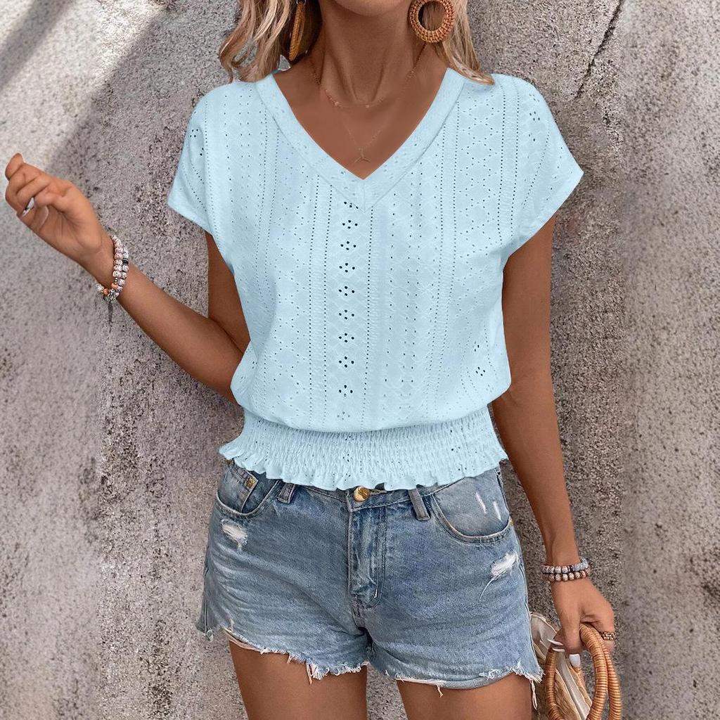 2025 Spring/Summer V-Neck Jacquard Cutout Ruched Short-Sleeve Women's Casual Fashion Top